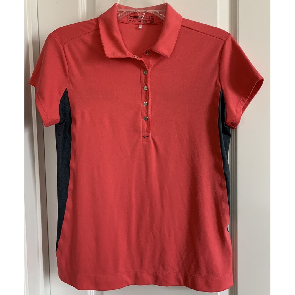Nike Golf Dri Fit Coral & Black Snap On Button Polo Shirt Sz S Tennis Running